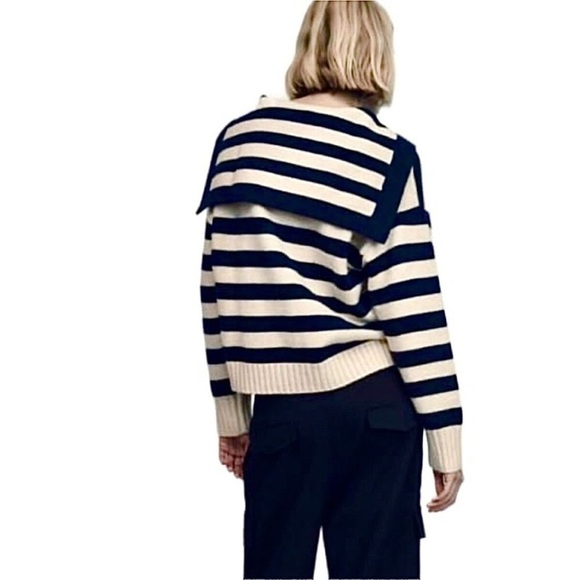 ZARA Sweater Striped Stripes Sailor Johnny Collar Navy Blue Ivory‎ Cream Size M - Picture 3 of 9